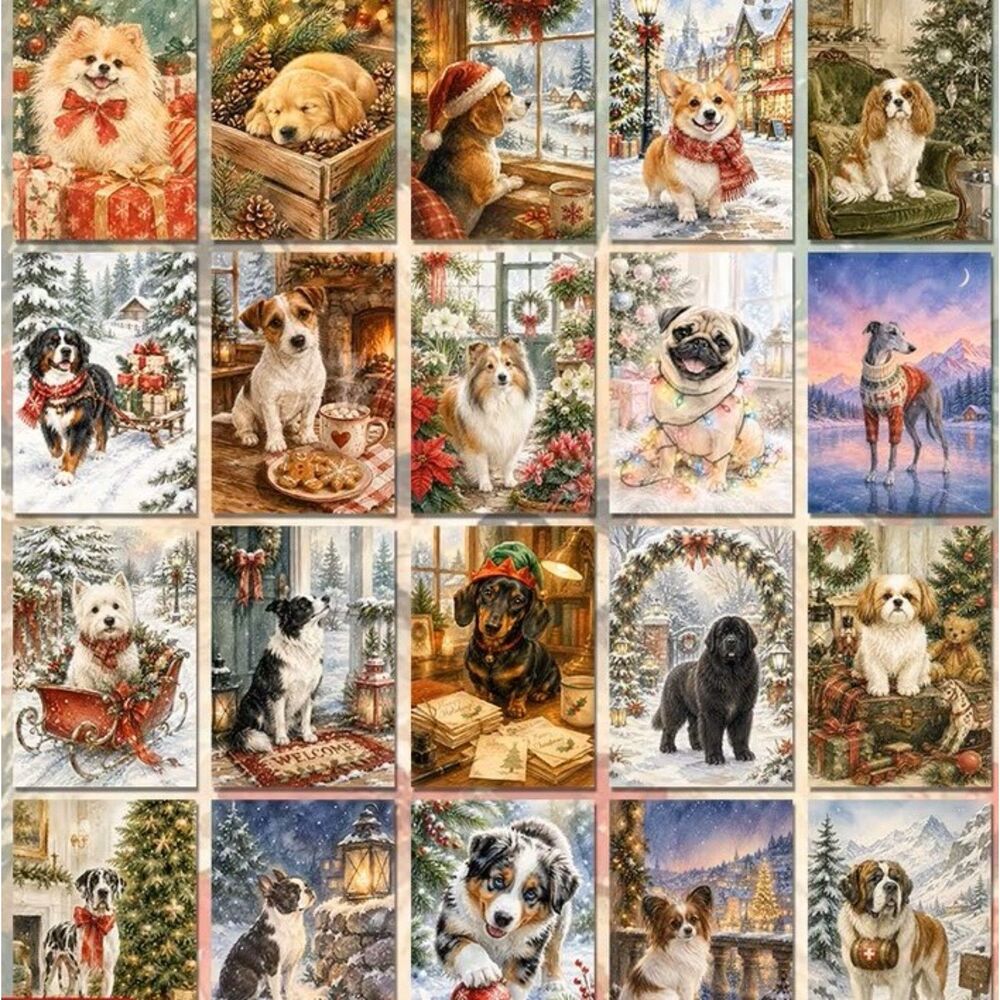 20 Pack Christmas Dog Postcards Holiday Cards, Junk Journal, Scrapbooking 4x6 #1